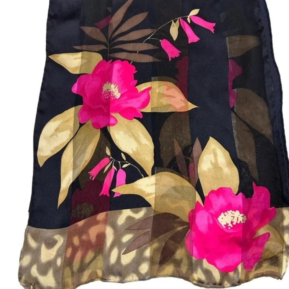 Beautiful Silk Fuchsia‎ & Tan Floral Striped Scarf 12x58